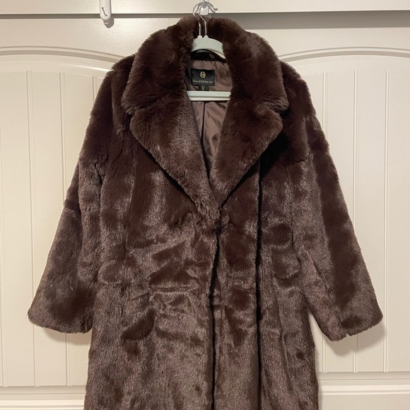 HOUSE OF HARLOW 1960 Faux Fur Chocolate Brown Long Coat Jacket size large - Picture 3 of 13